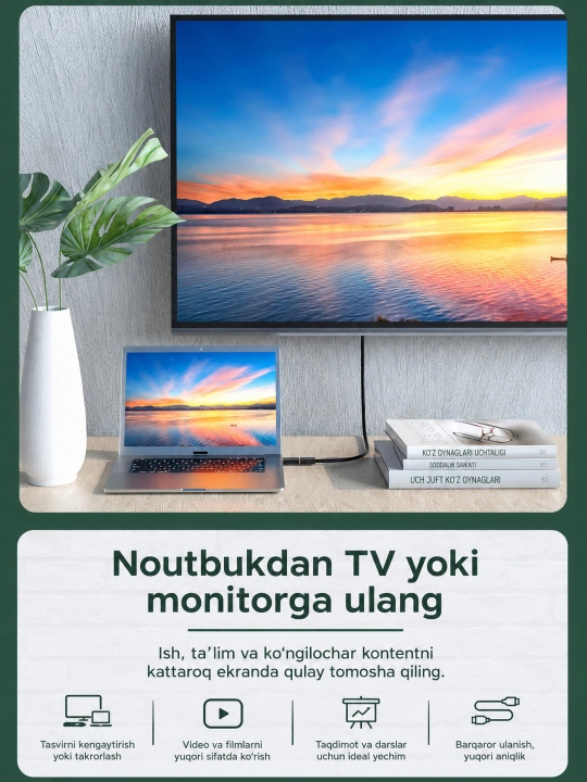 DisplayPort’dan HDMI’ga adapter, DP-HDMI o‘tkazgich, 4K Ultra HD