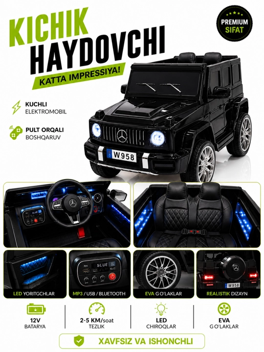 Детский электромобиль Mercedes G63, мини машина, чёрная, с пультом