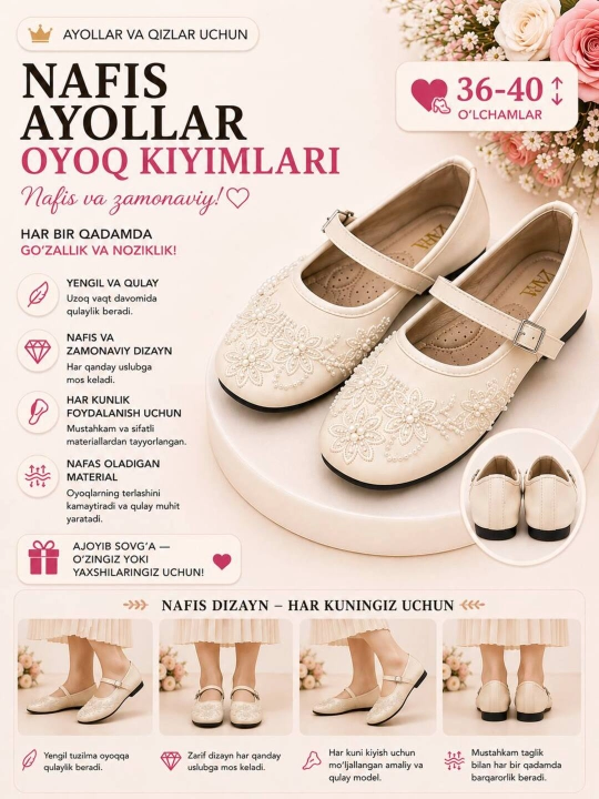 Ayollar va qizlar uchun past poshnali  klassik tuflilar, har kundalik o'qish va ish uchun - 