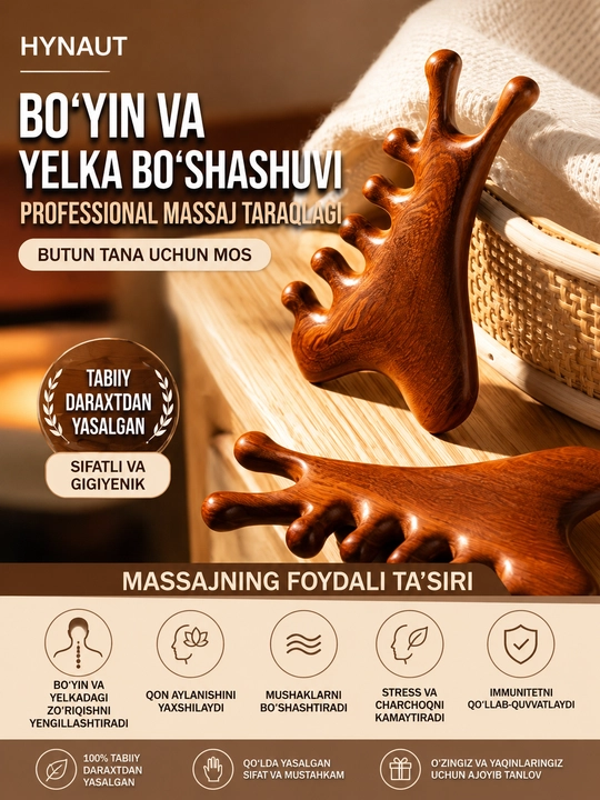Ko‘p funksiyali butun tana uchun yog‘och massajeri — ergonomik massaj asbobi