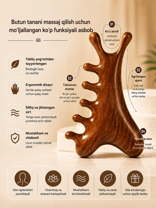 Ko‘p funksiyali butun tana uchun yog‘och massajeri — ergonomik massaj asbobi