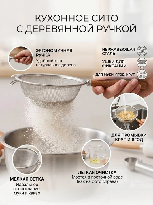 Кухонное сито из нержавеющей стали с деревянной ручкой - 