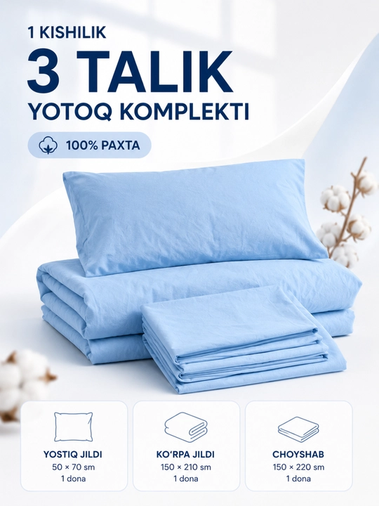 1 kishilik yotoq komplekti, 100% paxta, 3 talik, choyshab, ko‘rpa va yostiq jildi - 