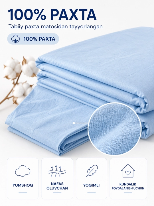 1 kishilik yotoq komplekti, 100% paxta, 3 talik, choyshab, ko‘rpa va yostiq jildi