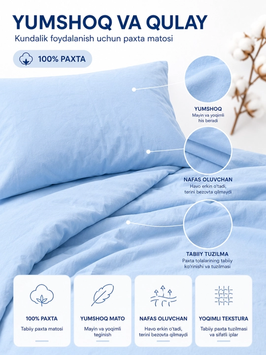1 kishilik yotoq komplekti, 100% paxta, 3 talik, choyshab, ko‘rpa va yostiq jildi