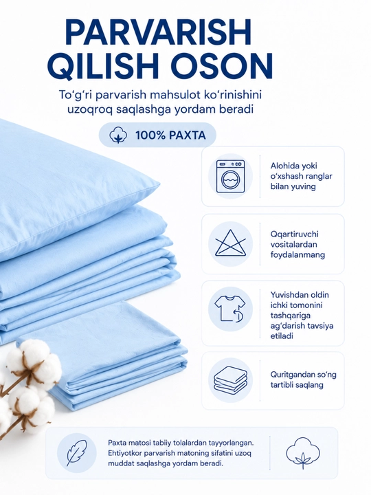 1 kishilik yotoq komplekti, 100% paxta, 3 talik, choyshab, ko‘rpa va yostiq jildi