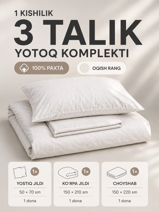 1 kishilik yotoq komplekti, 100% paxta, 3 talik, choyshab, ko‘rpa va yostiq jildi - 