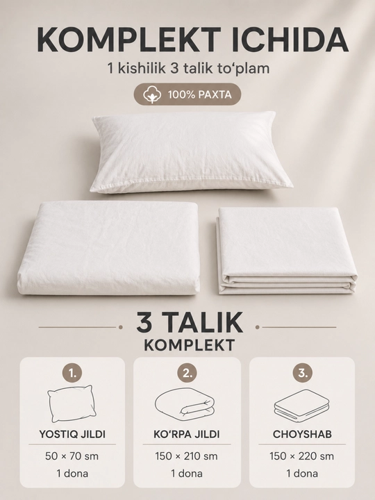 1 kishilik yotoq komplekti, 100% paxta, 3 talik, choyshab, ko‘rpa va yostiq jildi