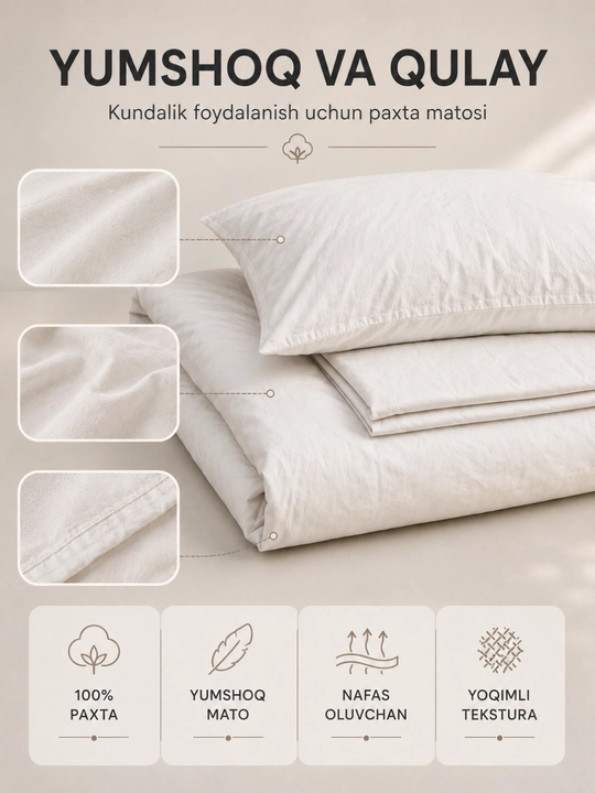1 kishilik yotoq komplekti, 100% paxta, 3 talik, choyshab, ko‘rpa va yostiq jildi