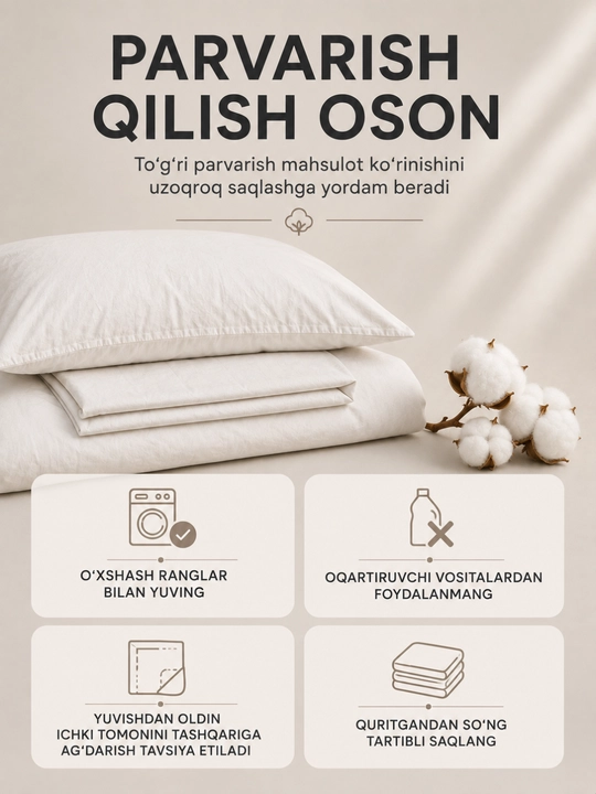 1 kishilik yotoq komplekti, 100% paxta, 3 talik, choyshab, ko‘rpa va yostiq jildi