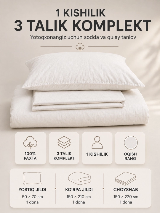 1 kishilik yotoq komplekti, 100% paxta, 3 talik, choyshab, ko‘rpa va yostiq jildi