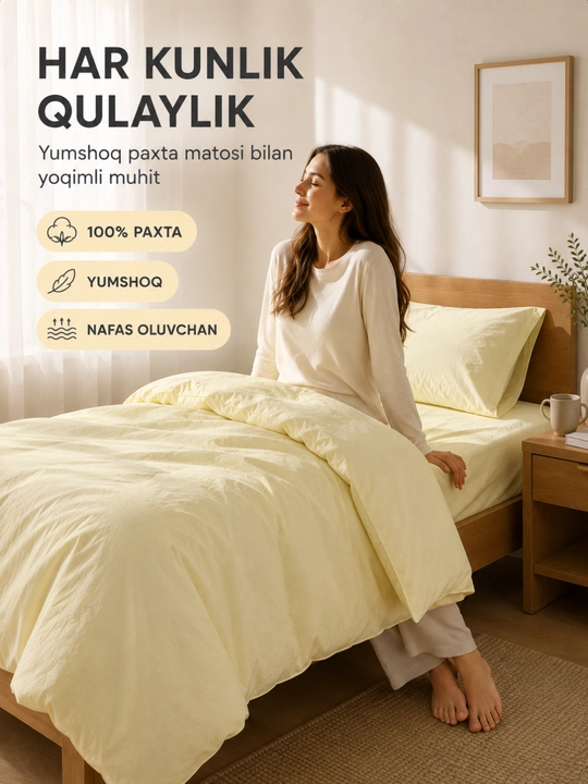 1 kishilik yotoq komplekti, 100% paxta, 3 talik, choyshab, ko‘rpa va yostiq jildi