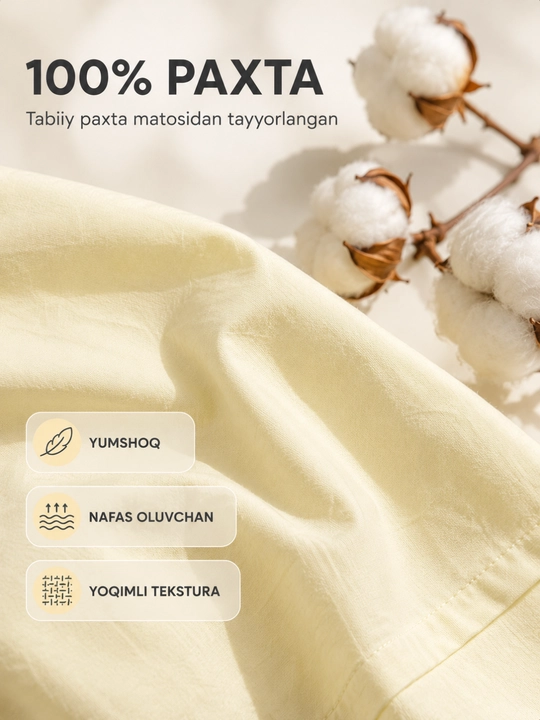 1 kishilik yotoq komplekti, 100% paxta, 3 talik, choyshab, ko‘rpa va yostiq jildi