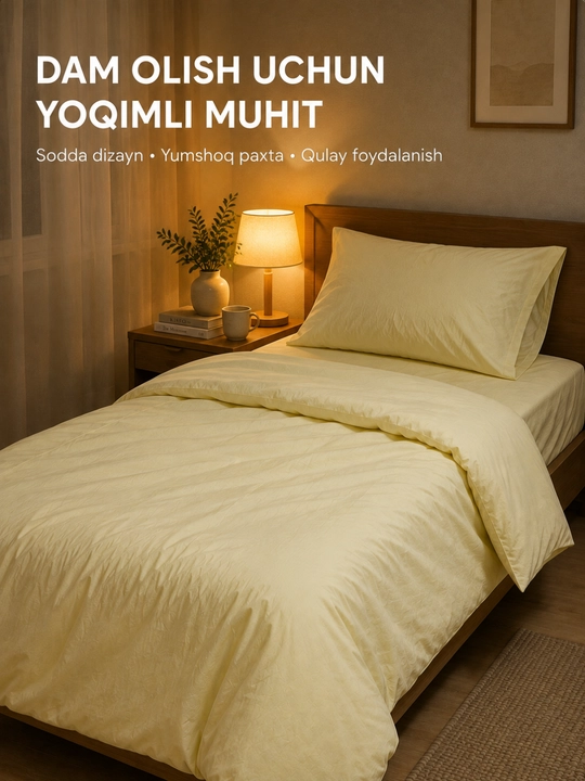1 kishilik yotoq komplekti, 100% paxta, 3 talik, choyshab, ko‘rpa va yostiq jildi