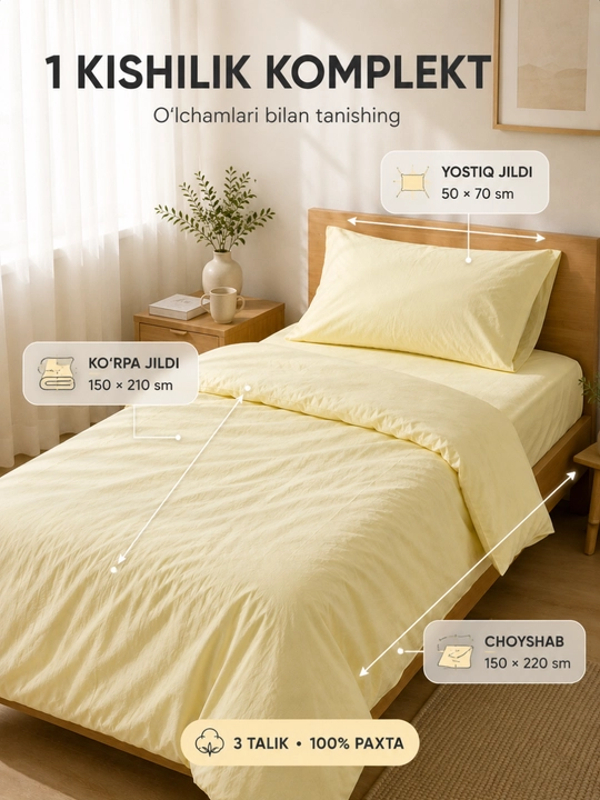 1 kishilik yotoq komplekti, 100% paxta, 3 talik, choyshab, ko‘rpa va yostiq jildi
