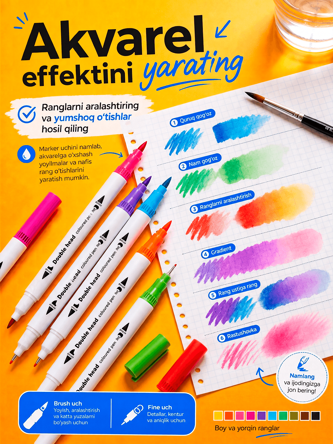 Sketching uchun akvarel markerlar, flomasterlar to‘plami, 12-120 rang