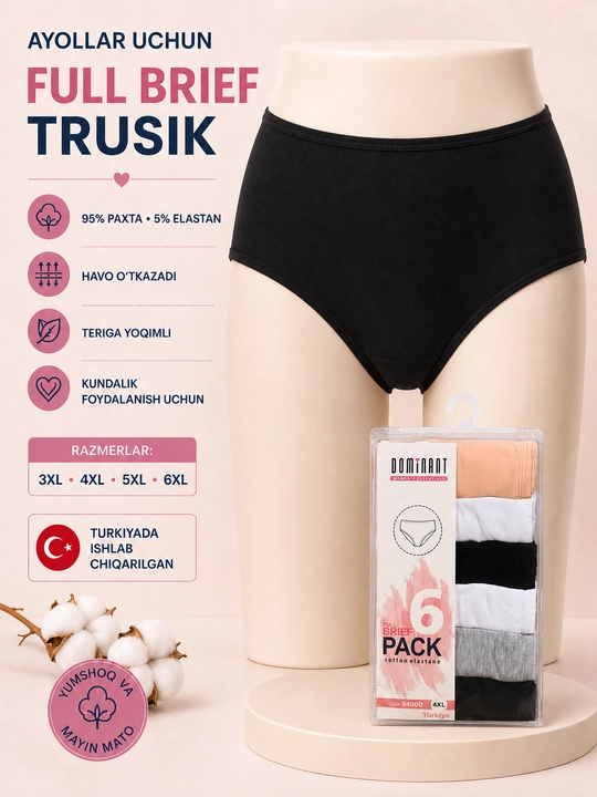 Ayollar uchun paxtali Full Brief trusiklar, 6 dona - 