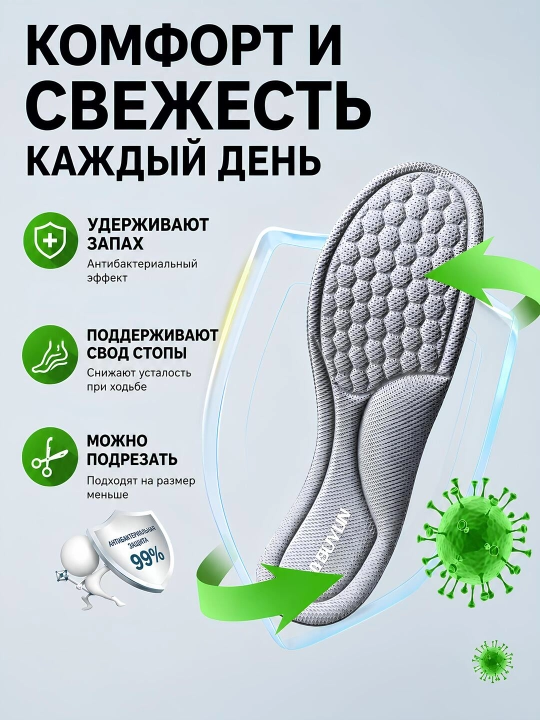 Стелька для обуви. Ортопедическая 4D-стелька антибактериальная и влагоотводящая