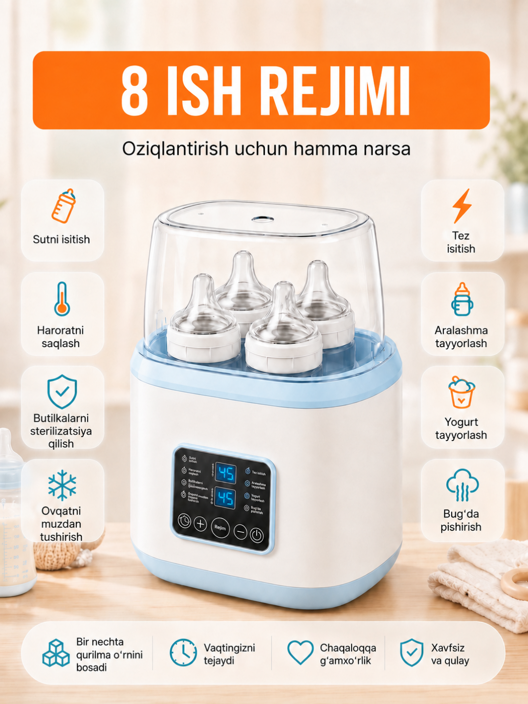 Sterilizator, sut isitgich va butilka isitgich, 8 rejim, pultli