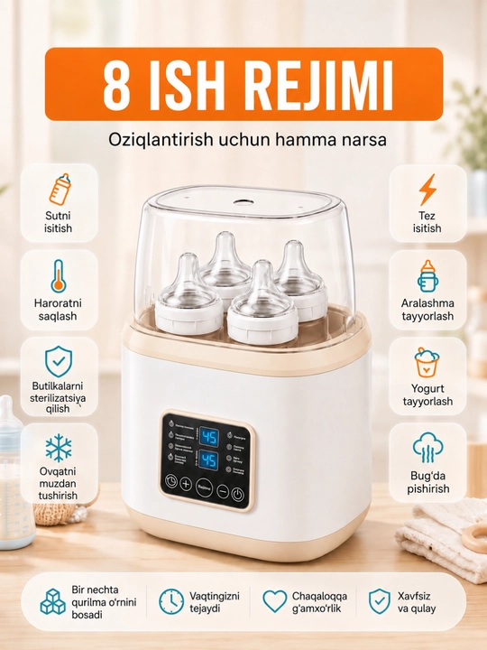 Sterilizator, sut isitgich va butilka isitgich, 8 rejim, pultli