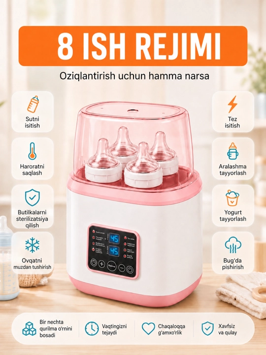 Sterilizator, sut isitgich va butilka isitgich, 8 rejim, pultli