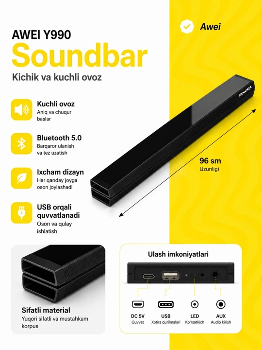 AWEI Y990/Y999 Soundbar, Bluetooth 5.0, беспроводная аудиосистема для ТВ