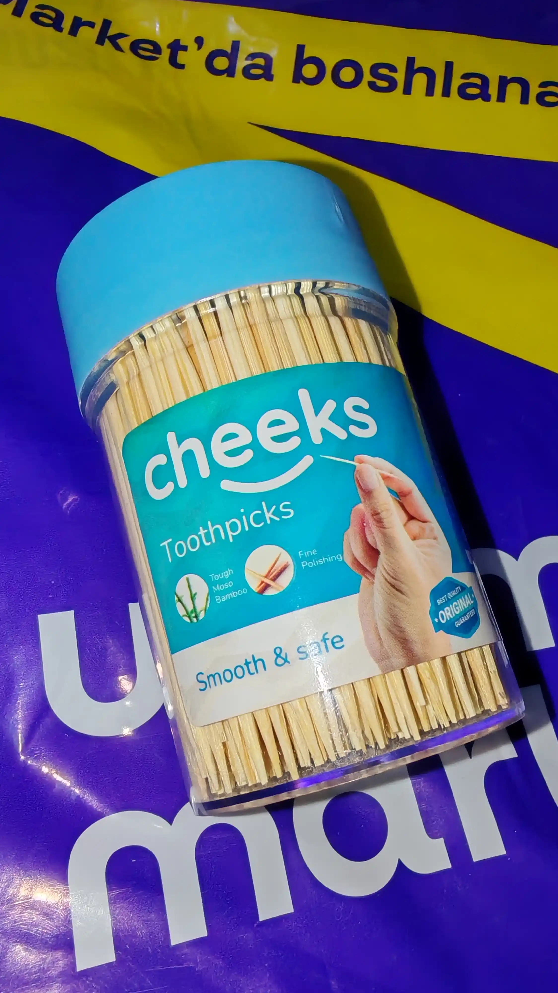 Cheeks bambuk tish cho‘plari, zubochistka, plastik idishda, og‘iz gigiyenasi uchun 400dona