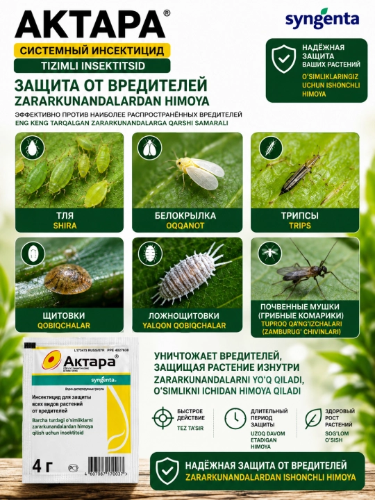 Актара 4 г, Syngenta, системный инсектицид для защиты растений от вредителей