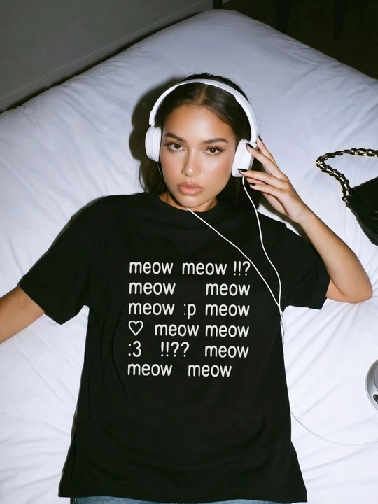 Футболка оверсайз Miconic чёрная с принтом повторяющейся надписью meow