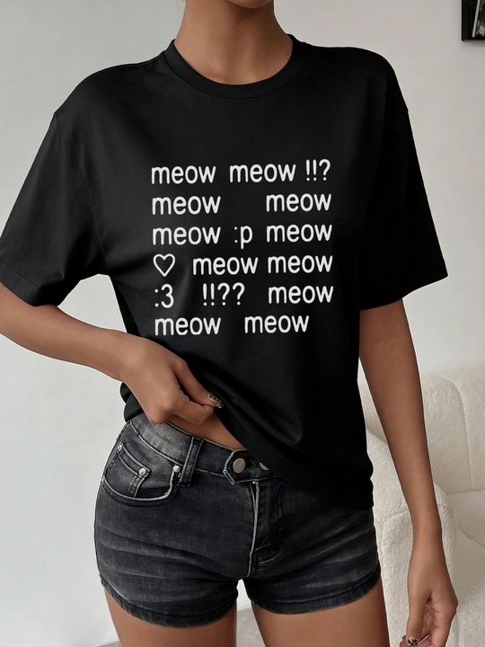 Футболка оверсайз Miconic чёрная с принтом повторяющейся надписью meow