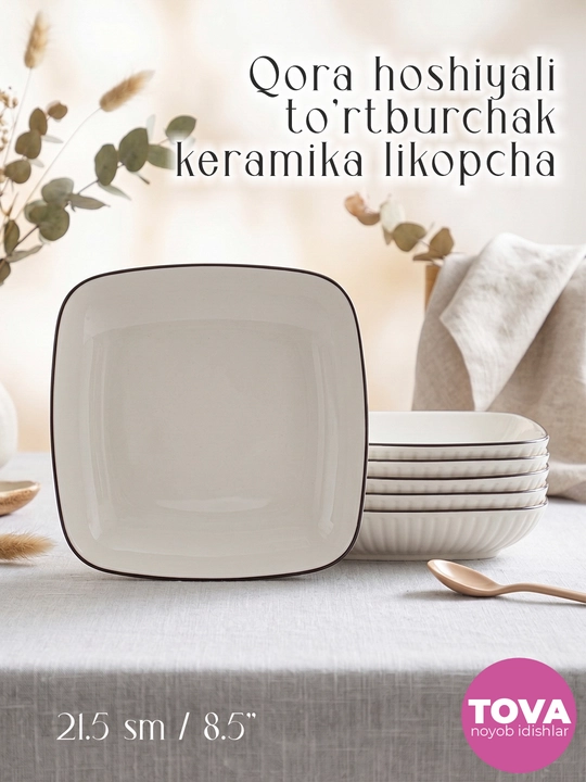 Qora hoshiyali kvadrat yarim chuqur keramik tarelkalar to'plami, 21.5 sm - 
