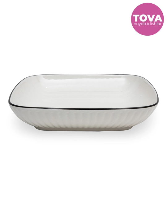 Qora hoshiyali kvadrat yarim chuqur keramik tarelkalar to'plami, 21.5 sm