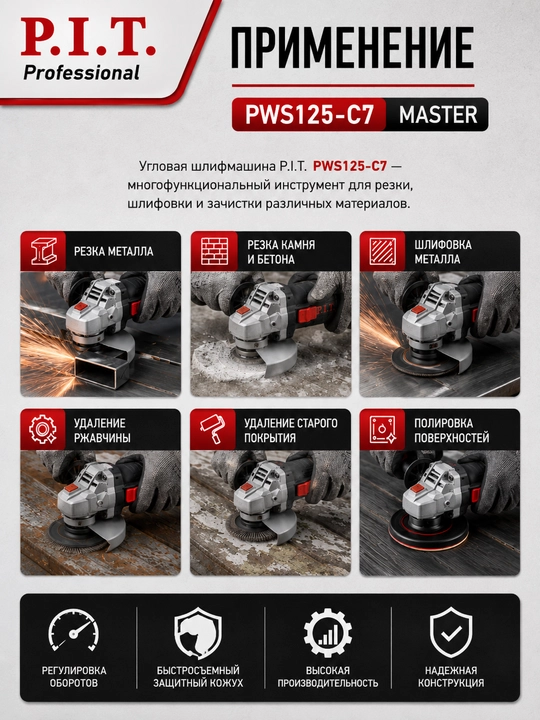 P.I.T. PWS125-C7 tarmoqqa ulanadigan burchakli silliqlash mashinasi