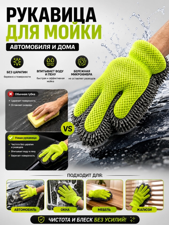 Рукавица для мойки авто и дома, перчатка из микрофибры для уборки и очистки поверхностей