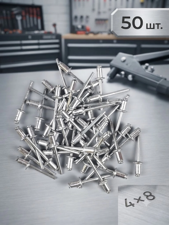 Zaklepyalnik uchun 4×8 mm o‘lchamdagi tortib o‘rnatiladigan kombinatsiyalangan parchin mixlar, 50 dona.