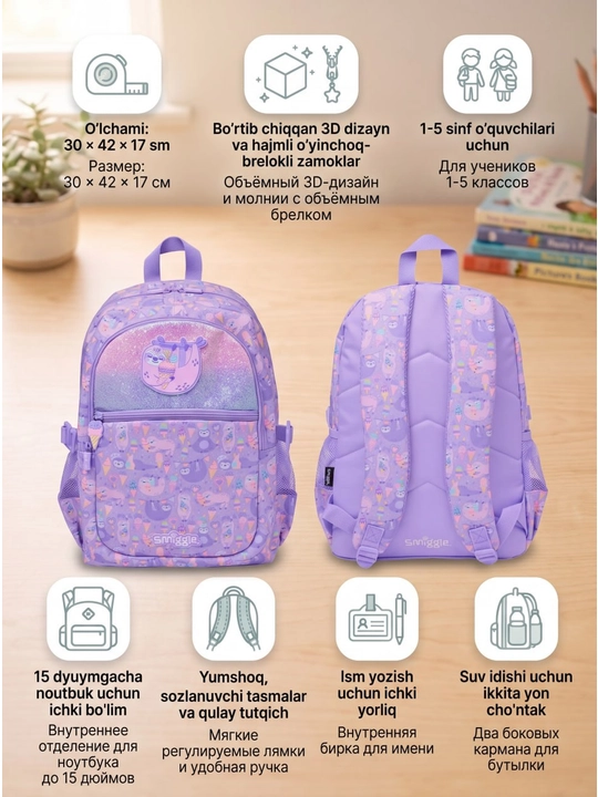 Bolalar uchun 3D dizaynli Smiggle maktab ryukzagi (1-7 sinflar) - 