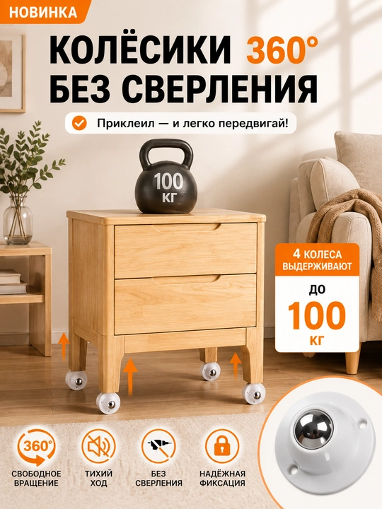 Mebel g‘ildirakchalari 360° o‘z-o‘zidan yopishuvchi burg‘ulashsiz, mebel roliklari 4 dona - 