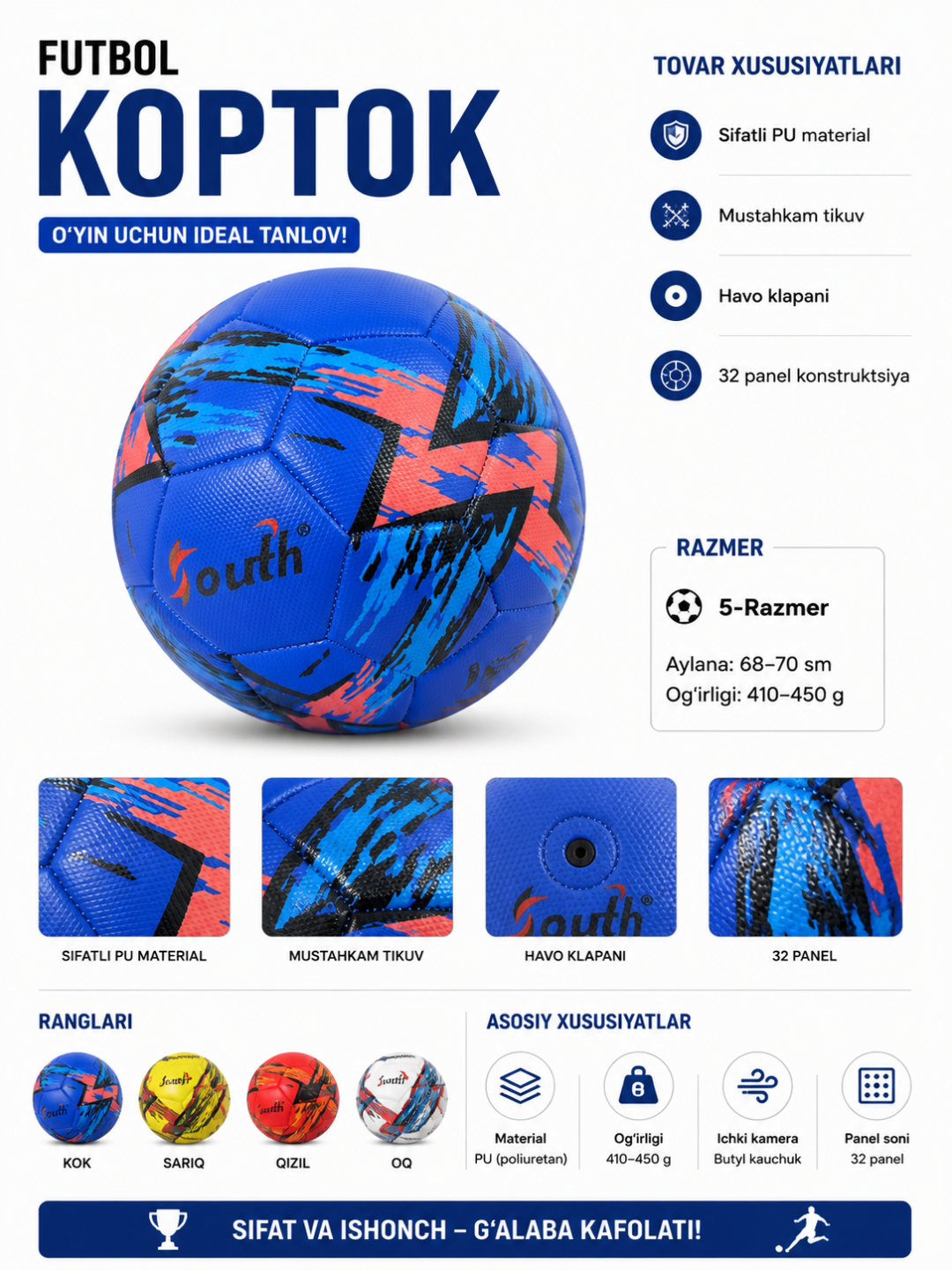 Professional futbol koptogi, 5-o'lcham, mashg'ulot va musobaqa - 