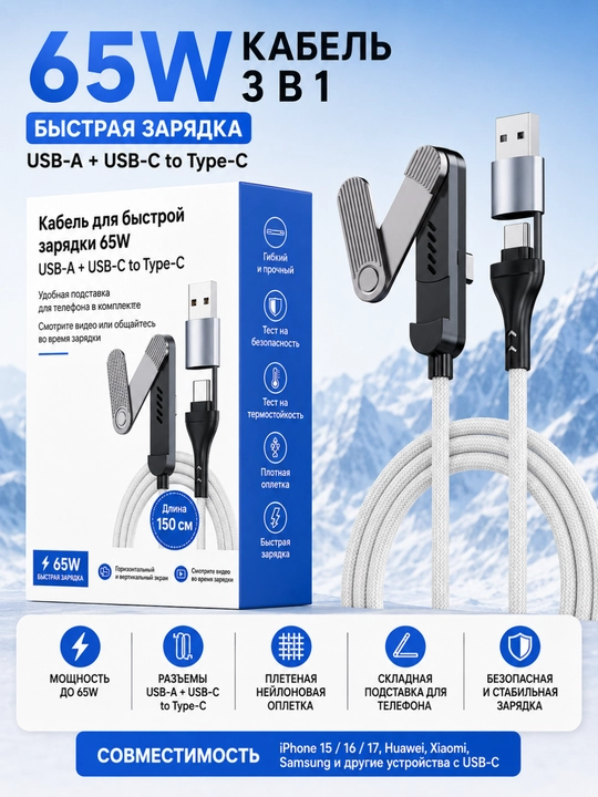 Кабель для быстрой зарядки, USB Type-C to Type-C Cable, Lightning, 240W, 65W, 30W, 1.5 m