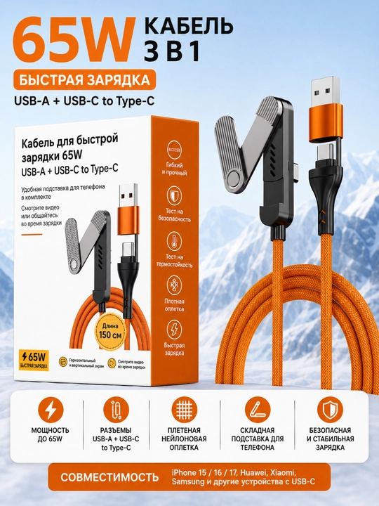Кабель для быстрой зарядки, USB Type-C to Type-C Cable, Lightning, 240W, 65W, 30W, 1.5 m