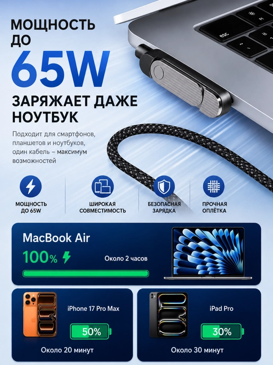 Кабель для быстрой зарядки, USB Type-C to Type-C Cable, Lightning, 240W, 65W, 30W, 1.5 m