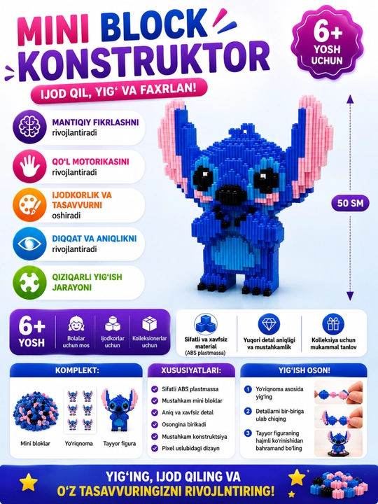 3D Konstruktor, kuromi, my melody, stich, mini lego, 50 sm - 