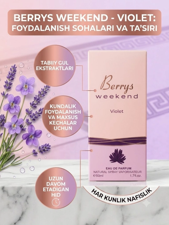 Ayollar uchun parfumlangan suv, BERRYS WEEKEND VIOLET EDITION, 50 ml - 