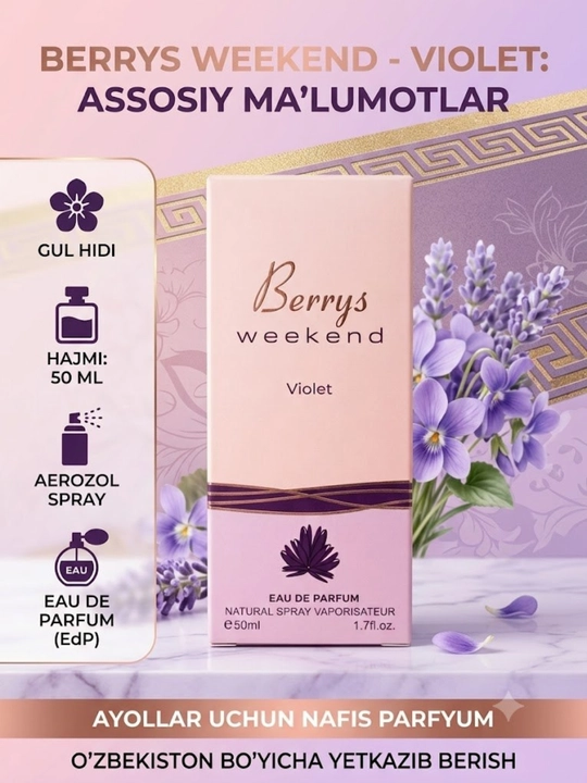 Ayollar uchun parfumlangan suv, BERRYS WEEKEND VIOLET EDITION, 50 ml