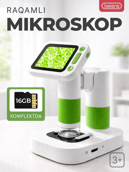 Bolalar raqamli mikroskopi, Beiens M1 2.8 dyuymli HD IPS, 1000x gacha kattalashtirish + 16 GB MicroSD - 