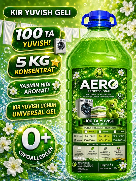 Жидкий гель для стирки AERO, 5 литров, гипоаллергенный, универсальный кондиционер порошок - 