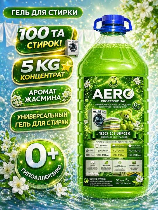Жидкий гель для стирки AERO, 5 литров, гипоаллергенный, универсальный кондиционер порошок