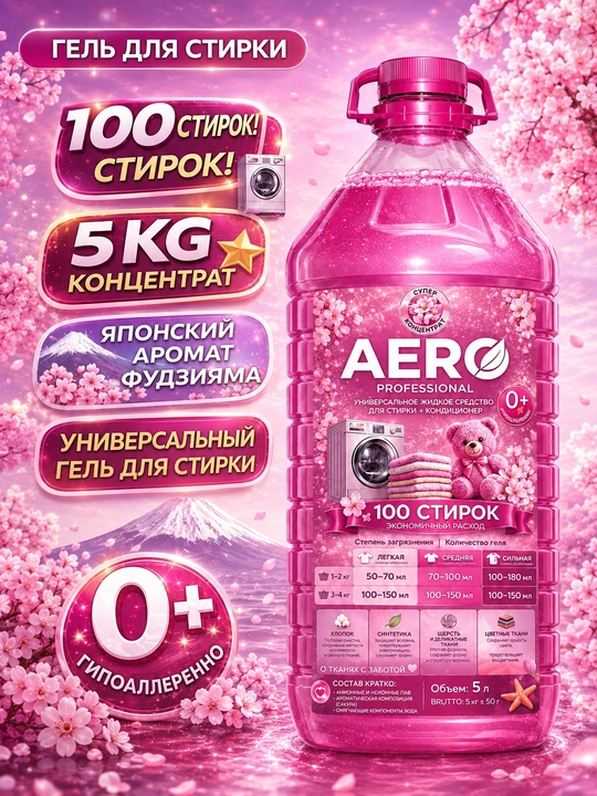Жидкий гель для стирки AERO, 5 литров, гипоаллергенный, универсальный кондиционер порошок