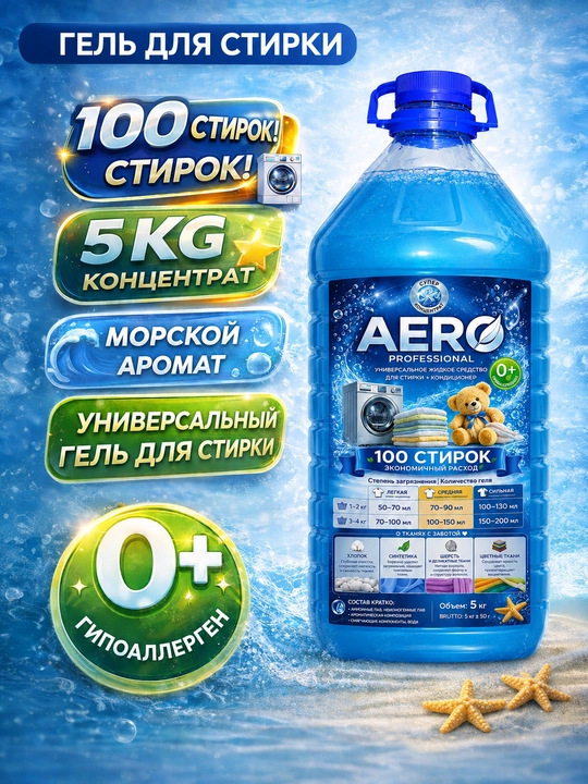 Жидкий гель для стирки AERO, 5 литров, гипоаллергенный, универсальный кондиционер порошок