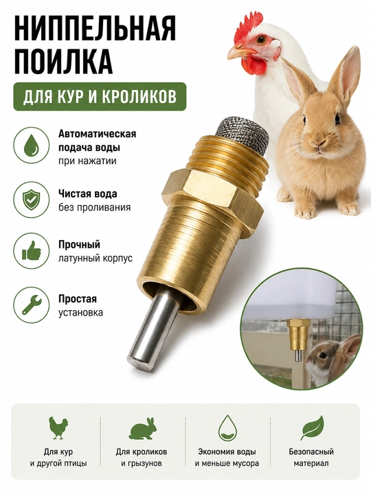 Ниппельная поилка для кур и кроликов, автоматическая подача воды, латунный ниппель - 
